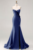 Royal Blue Strapless Sequin Corset Beaded Mermaid Long Prom Dress with 3D Flowers