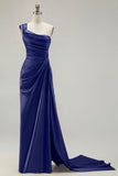 One Shoulder Green Sheath Ruched Long Prom Dress with Slit