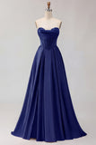 Golden A Line Beaded Strapless Corset Satin Long Prom Dress