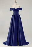 Off the Shoulder A Line Blue Satin Long Bridesmaid Dress with Slit
