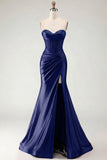 Navy Mermaid Strapless Corset Beaded Satin Long Prom Dress with Bow