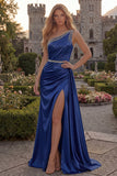 One Shoulder Light Blue A Line Ruched Prom Dress with Slit