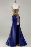 Black Mermaid Embroidered Beaded Lace Up Back Long Prom Dress with Slit