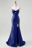 Black Mermaid Strapless Cut-Out Corset Satin Long Prom Dress with Slit