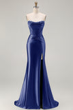 Dark Green Beaded Corset Strapless Mermaid Long Prom Dress with Slit