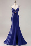 Mermaid Fuchsia Satin Cut Out Ruched Long Prom Dress with Slit