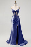 Champagne Mermaid Corset Streamer Beaded Ruched Long Prom Dress with Slit