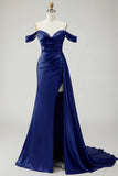 Royal Blue Off The Shoulder Mermaid Beaded Streamer Ruched Long Prom Dress with Slit