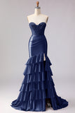 Red Mermaid Sweetheart Beaded Corset Tiered Ruffle Long Prom Dress with Slit