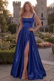 Blush Satin A Line Square Neck Pearl Prom Dress with Slit