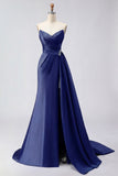 Royal Blue A Line Beaded Strapless Ruched Long Prom Dress with Slit
