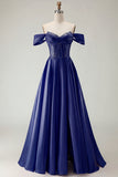 Off the Shoulder Purple A Line Beaded Corset Long Prom Dress with Slit
