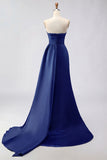 Royal Blue A Line Beaded Strapless Ruched Long Prom Dress with Slit