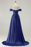 Off the Shoulder A Line Blue Satin Long Bridesmaid Dress with Slit