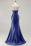 Dark Green Beaded Corset Strapless Mermaid Long Prom Dress with Slit