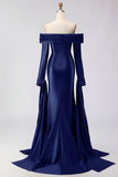 Off the Shoulder Dark Green Mermaid Ruched Prom Dress with Long Sleeves