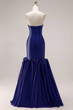 Fuchsia Strapless Mermaid Satin Long Prom Dress with 3D Flowers