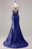 Mermaid Fuchsia Satin Cut Out Ruched Long Prom Dress with Slit