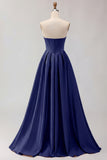 Golden A Line Beaded Strapless Corset Satin Long Prom Dress