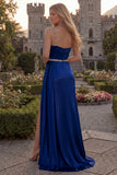 One Shoulder Light Blue A Line Ruched Prom Dress with Slit