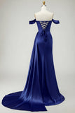Royal Blue Off The Shoulder Mermaid Beaded Streamer Ruched Long Prom Dress with Slit