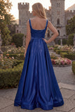 Blush Satin A Line Square Neck Pearl Prom Dress with Slit