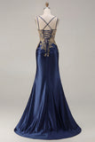 Black Mermaid Embroidered Beaded Lace Up Back Long Prom Dress with Slit