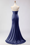 Green Strapless Mermaid 3D Flower Satin Long Prom Dress with Slit