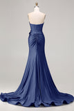 Royal Blue Strapless Sequin Corset Beaded Mermaid Long Prom Dress with 3D Flowers