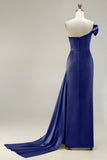 One Shoulder Green Sheath Ruched Long Prom Dress with Slit