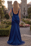 Dark Green Cowl Neck Mermaid Satin Prom Dress with Slit