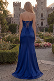 Strapless Corset Satin Burgundy Prom Dress with Slit