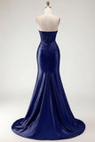 Burgundy Mermaid Sweetheart Corset Beaded Ruched Long Prom Dress with Slit