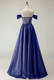 Off the Shoulder Purple A Line Beaded Corset Long Prom Dress with Slit