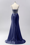 Sparkly Grey Blue Mermaid Rhinestones Corset Ruched Long Prom Dress with Beading