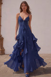 Dusty Blue Spaghetti Straps Chiffon A-Line Ruffled Bridesmaid Dress