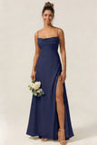 Green Flower A Line Spaghetti Straps Chiffon Long Bridesmaid Dress with Slit