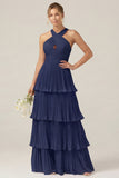 Lilac Halter Keyhole A Line Tiered Ruffle Pleated Bridesmaid Dress