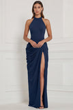 Halter Navy Ruched Sheath Lace-up Back Bridesmaid Dress with Slit