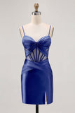 Royal Blue Bodycon Sheer Corset Pleated Homecoming Dress with Slit