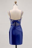 Royal Blue Bodycon Sheer Corset Pleated Homecoming Dress with Slit