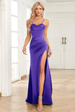 Royal Blue Mermaid Spaghetti Straps Satin Prom Dress with Split Front