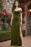 Off The Shoulder Black Sheath Corset Velvet Long Formal Dress with Slit