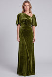 Dark Grey Asymmetrical Neck Velvet Formal Dress with Short Sleeves