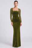 Velvet Mermaid Dark Green Square Neck Long Sleeve Formal Dress