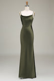 Dusty Blue Sheath Spaghetti Straps Long Satin Bridesmaid Dress