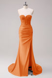 Glitter Fuchsia Mermaid Strapless Ruched Corset Long Prom Dress With Slit