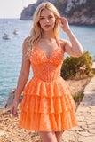 Halter Pearl Corset Tiered A Line Yellow Homecoming Dress