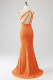 Orange Mermaid One Shoulder Sparkly Sequins Prom Dress with Slit