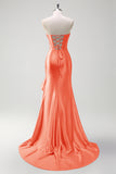 Sparkly Mermaid Strapless Corset Sequin Long Prom Dress with Ruffle Slit